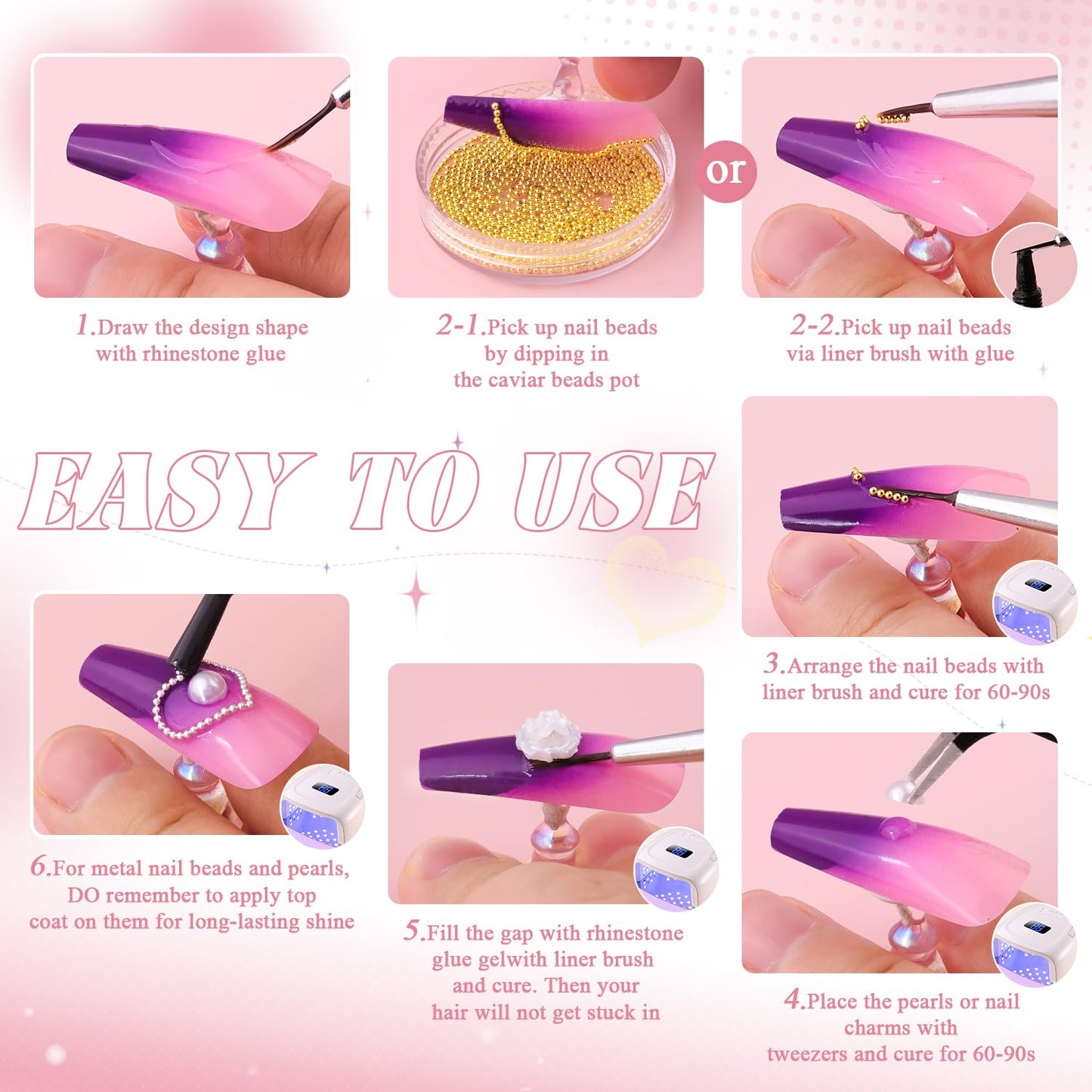Professional nail art manicure design using pearls and beads