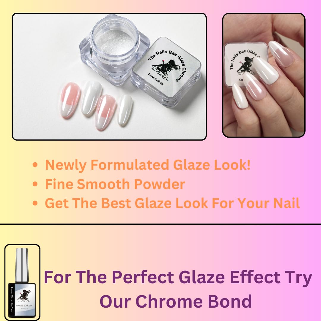 Nails with mirror effect white pearl finish and applicator