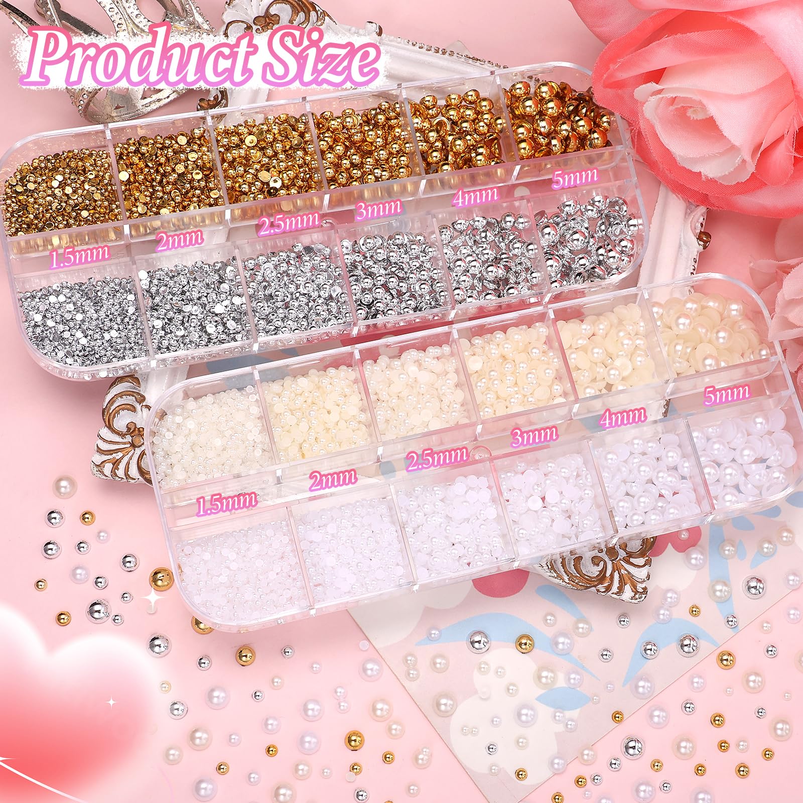 Close up of 12-grid nail art box with pearls and flowers