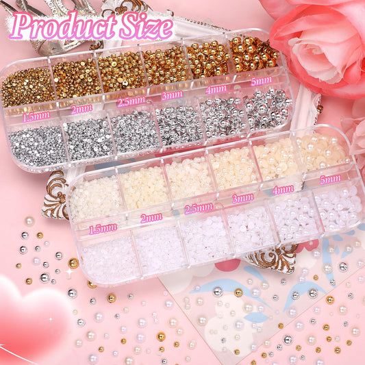 Close up of 12-grid nail art box with pearls and flowers