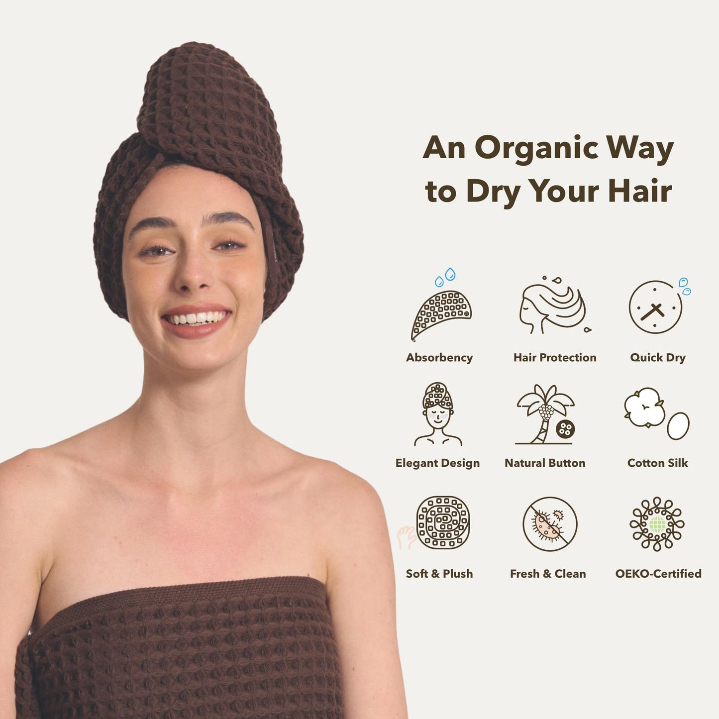 Side profile of woman wearing Kosmu absorbent waffle hair wrap