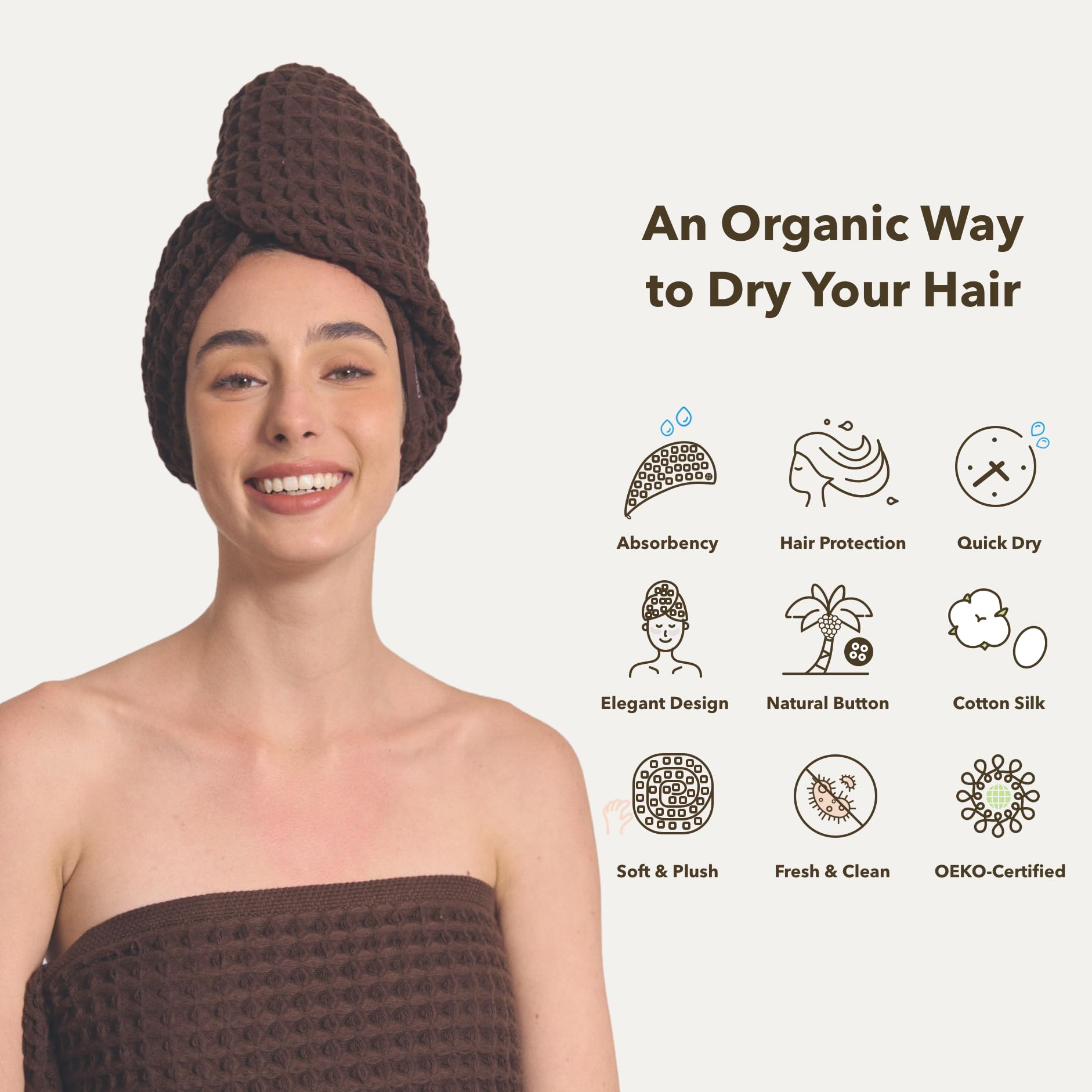 Side profile of woman wearing Kosmu absorbent waffle hair wrap