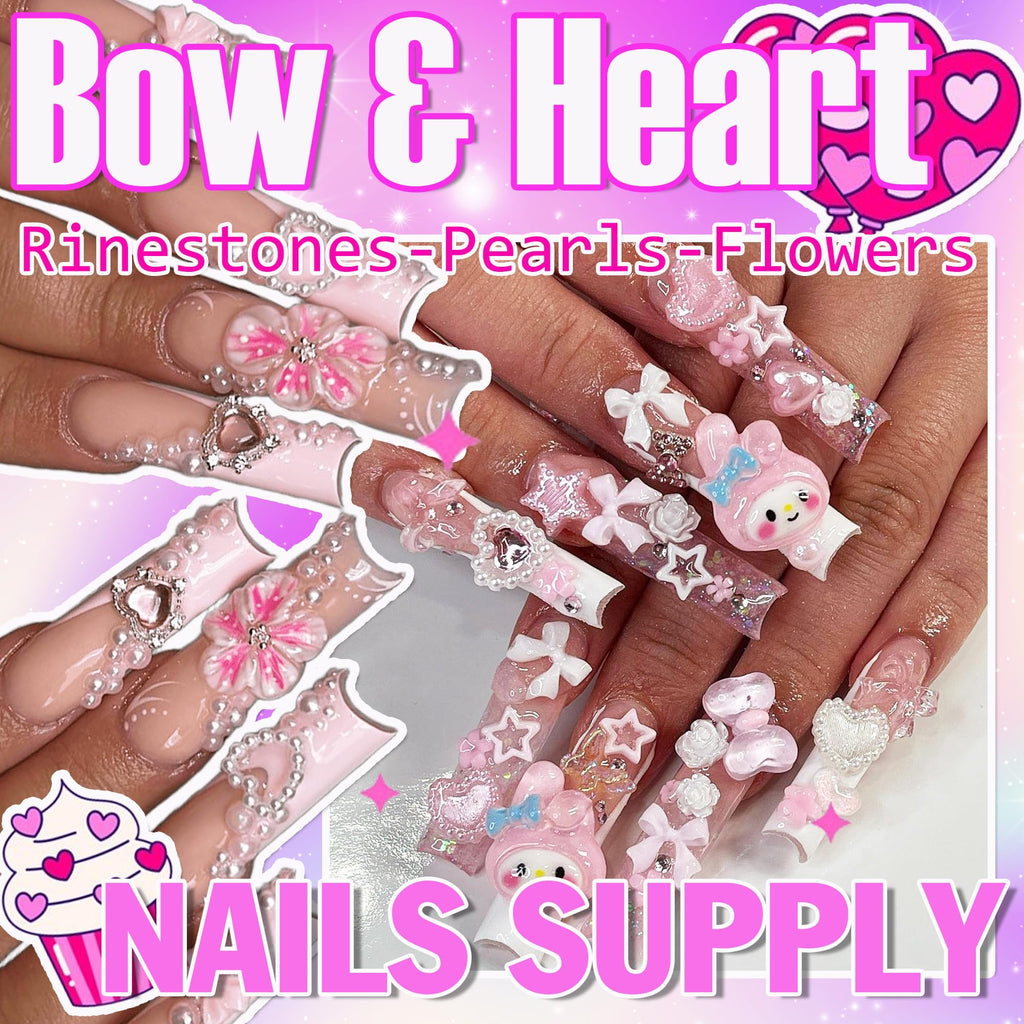 Assorted pink and white bow nail charms in grid box