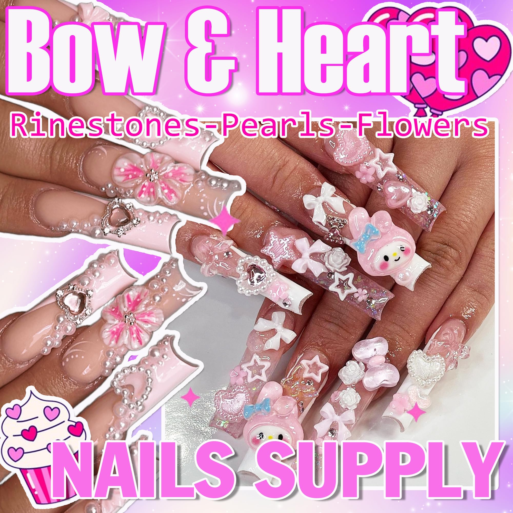Pink and white bow and pearl nail art charms in storage box