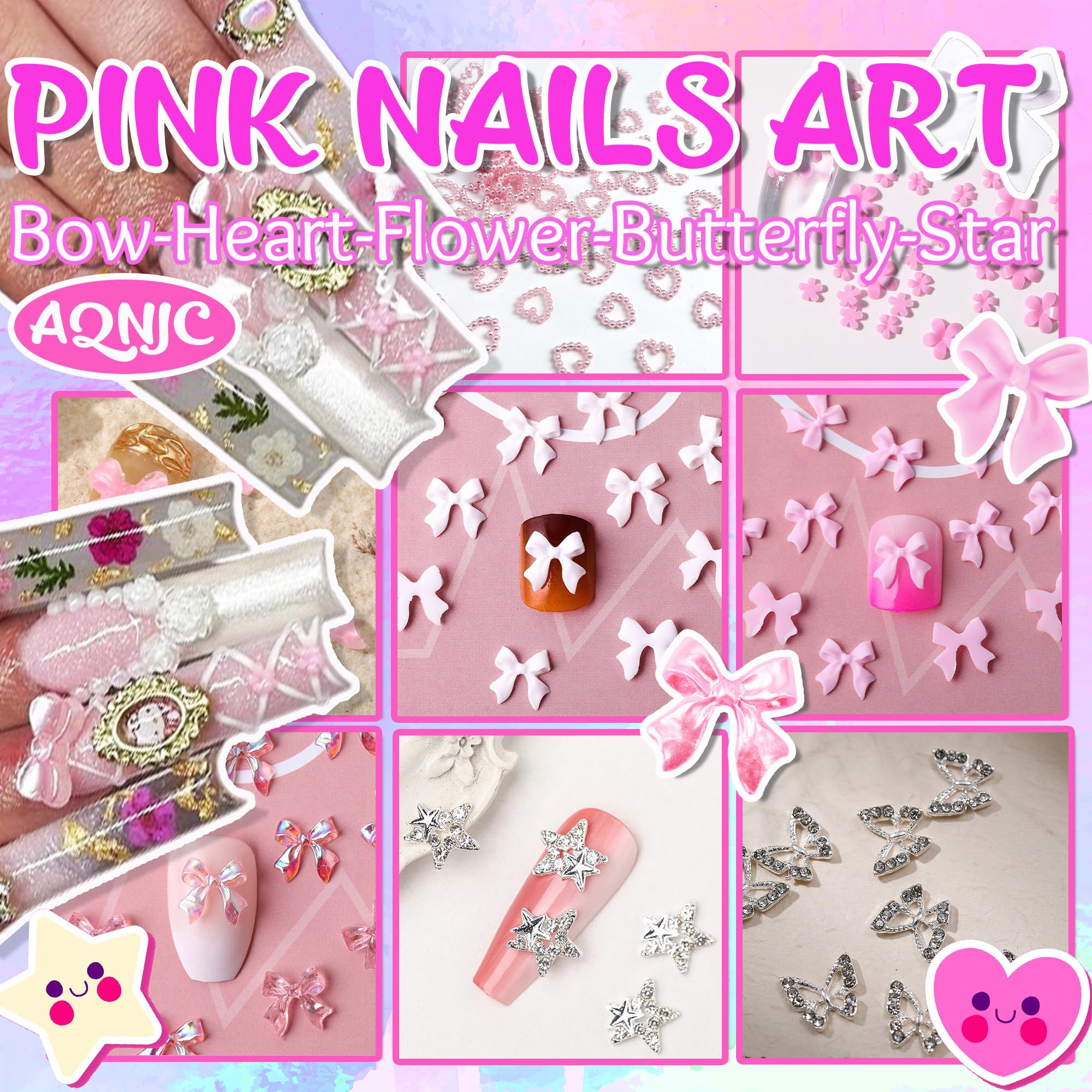 Close up of Y2K nail art charms including hearts and butterflies