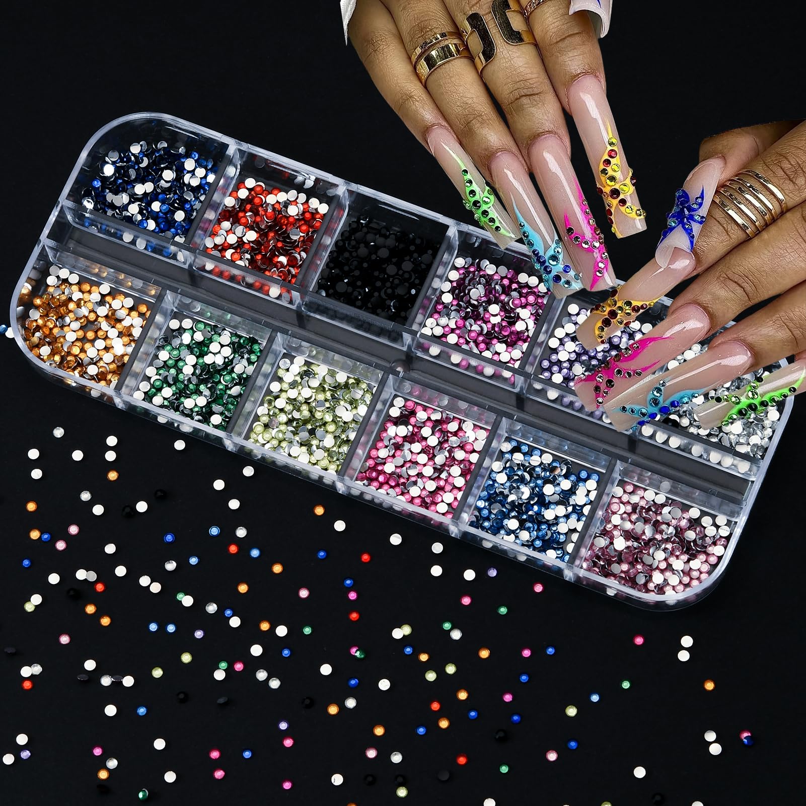 Close up of colorful 3D flower and pearl nail charms