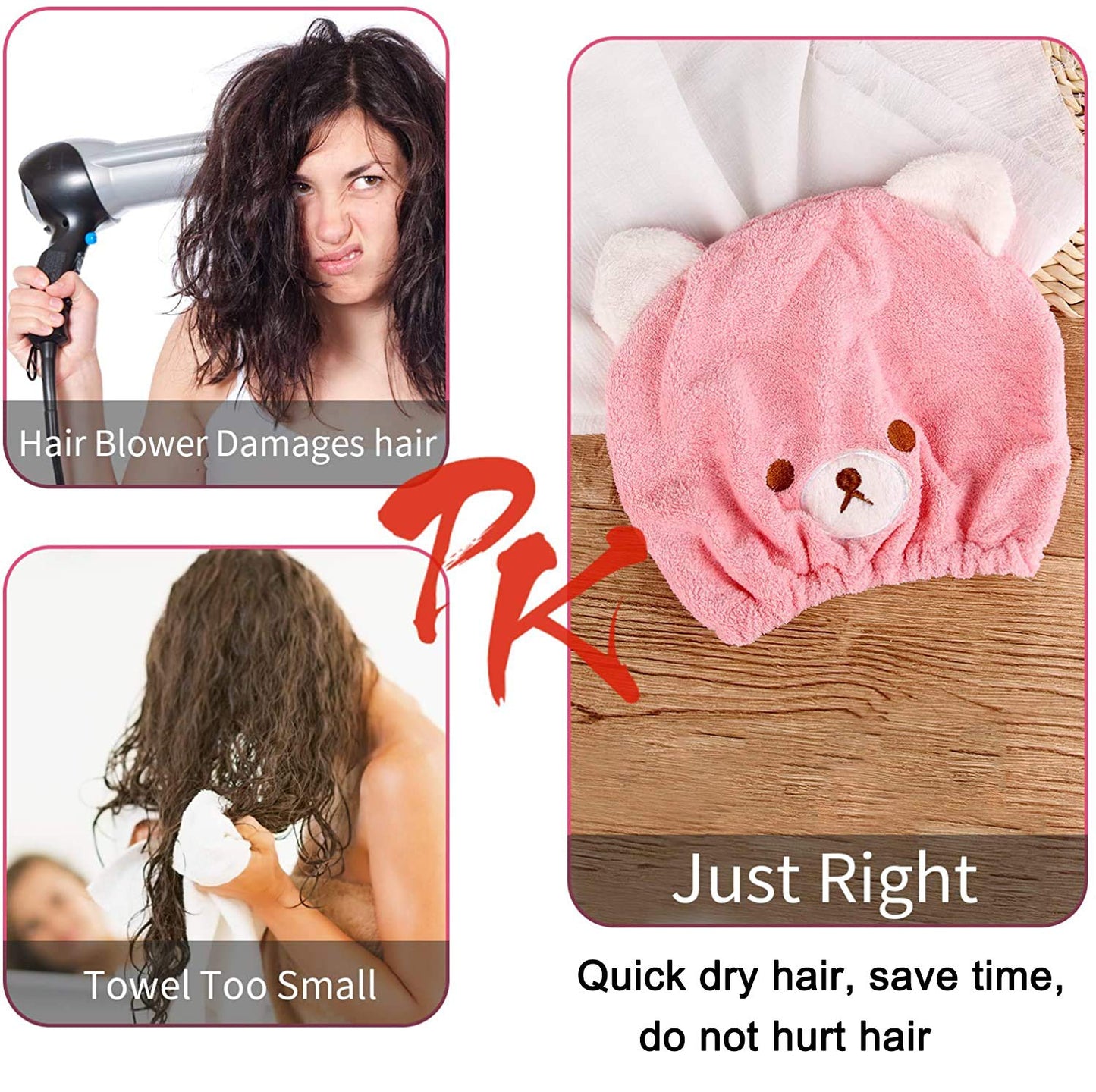 Three pack kids hair drying towels in lifestyle packaging