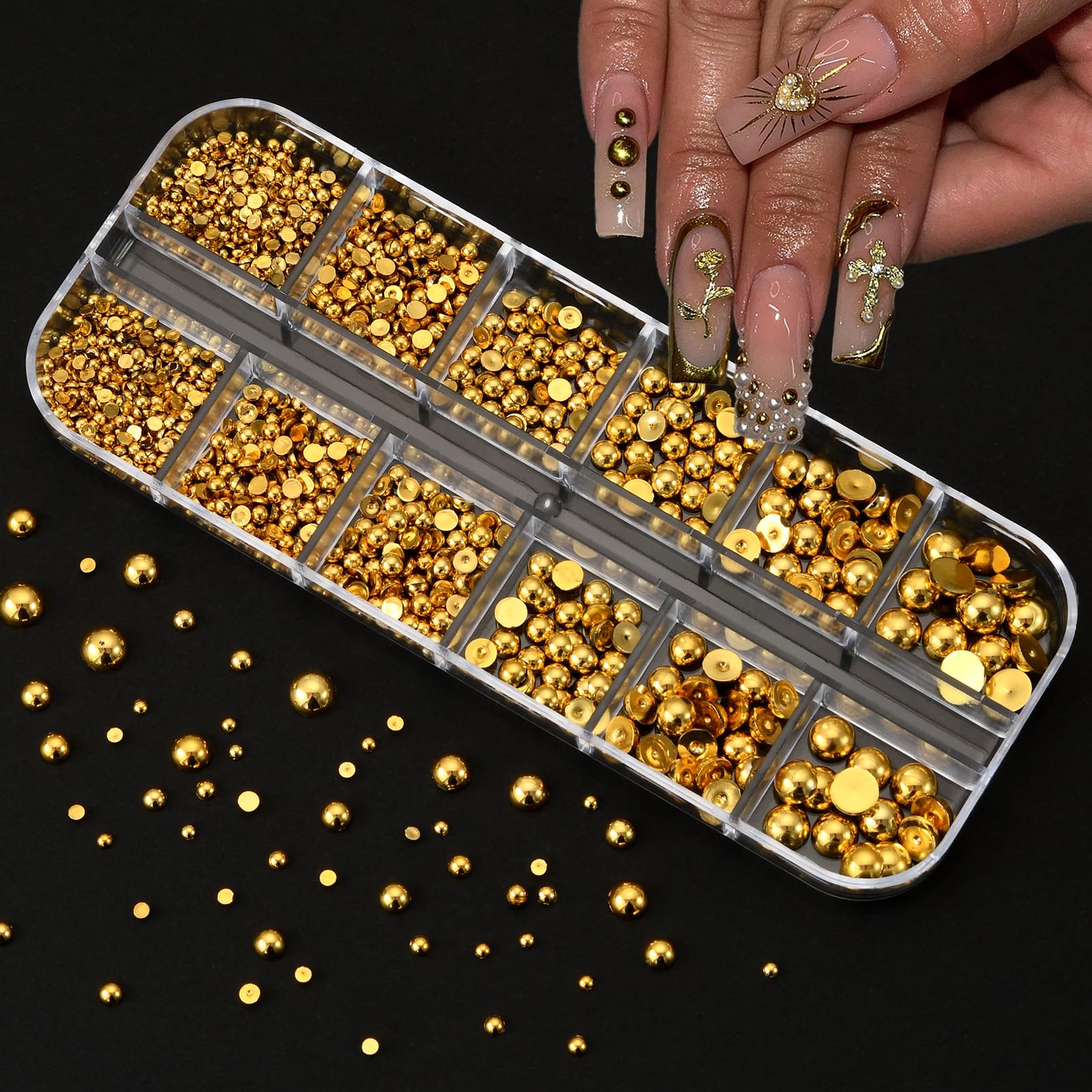 Close up of gold metal nail charms and 3D studs