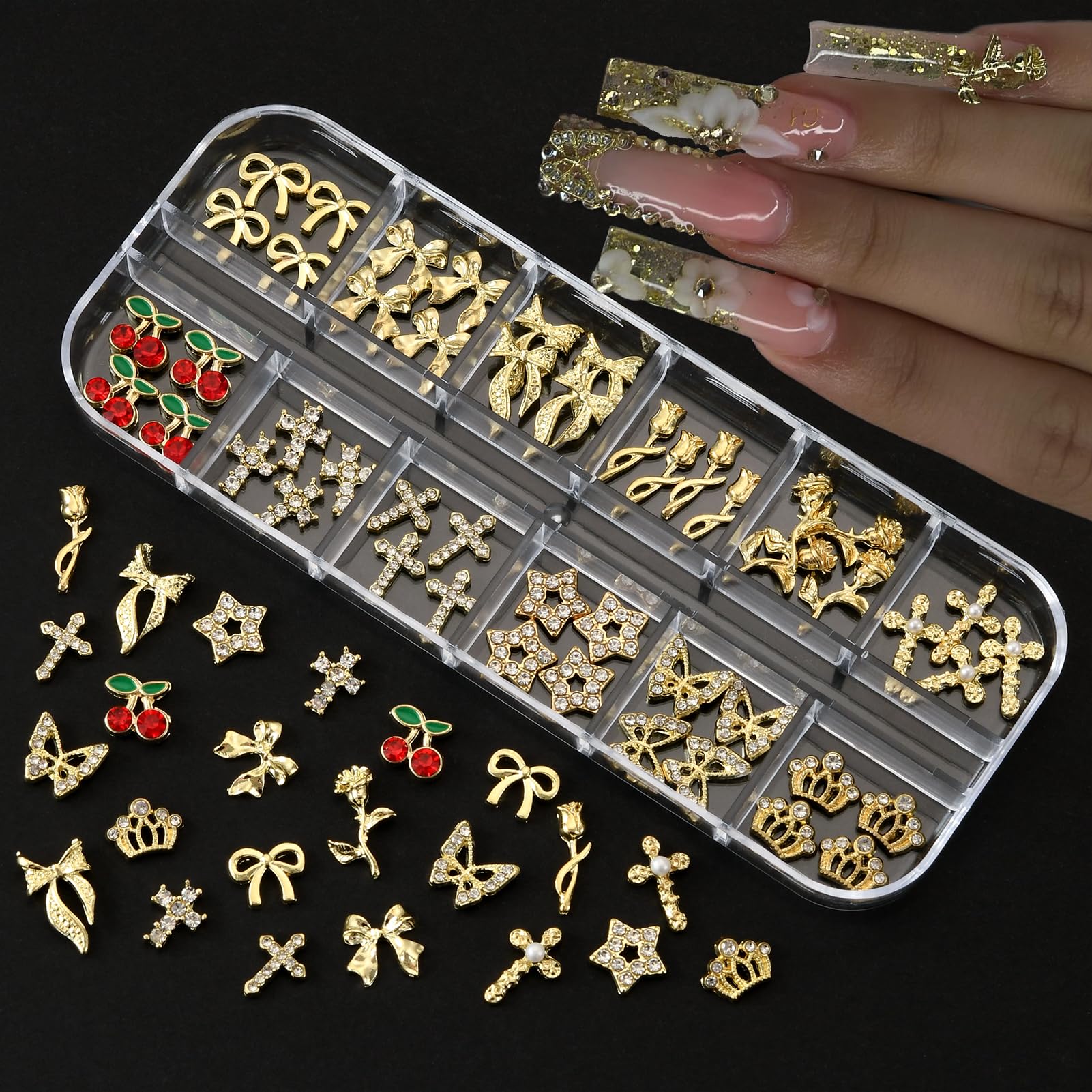 Professional nail art application using gold charms kit