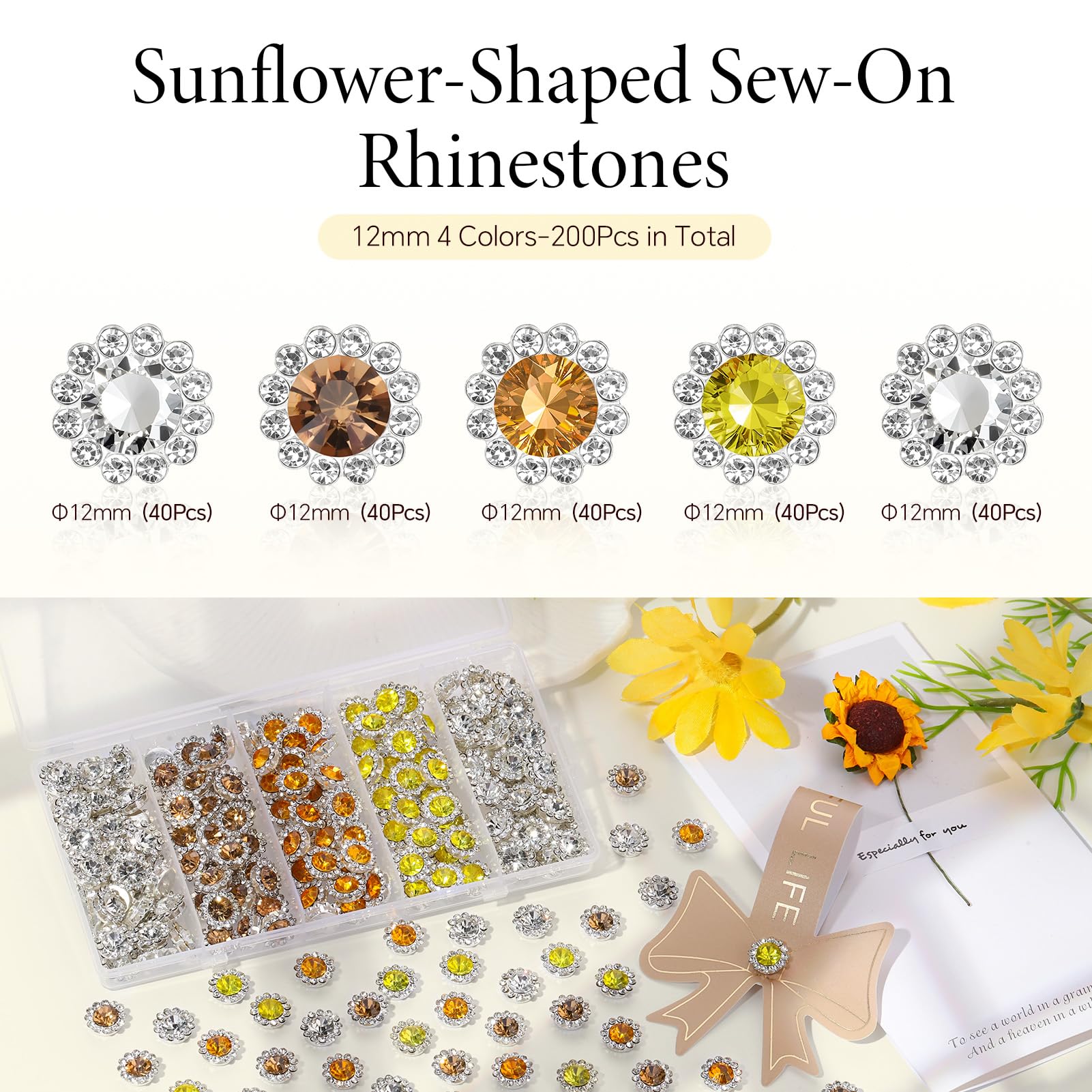 Close up of sunflower shaped crystal glass sew on rhinestones