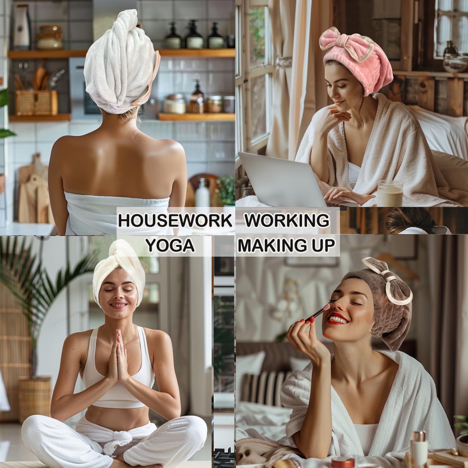 Jseng hair towel cap on woman demonstrating secure fit
