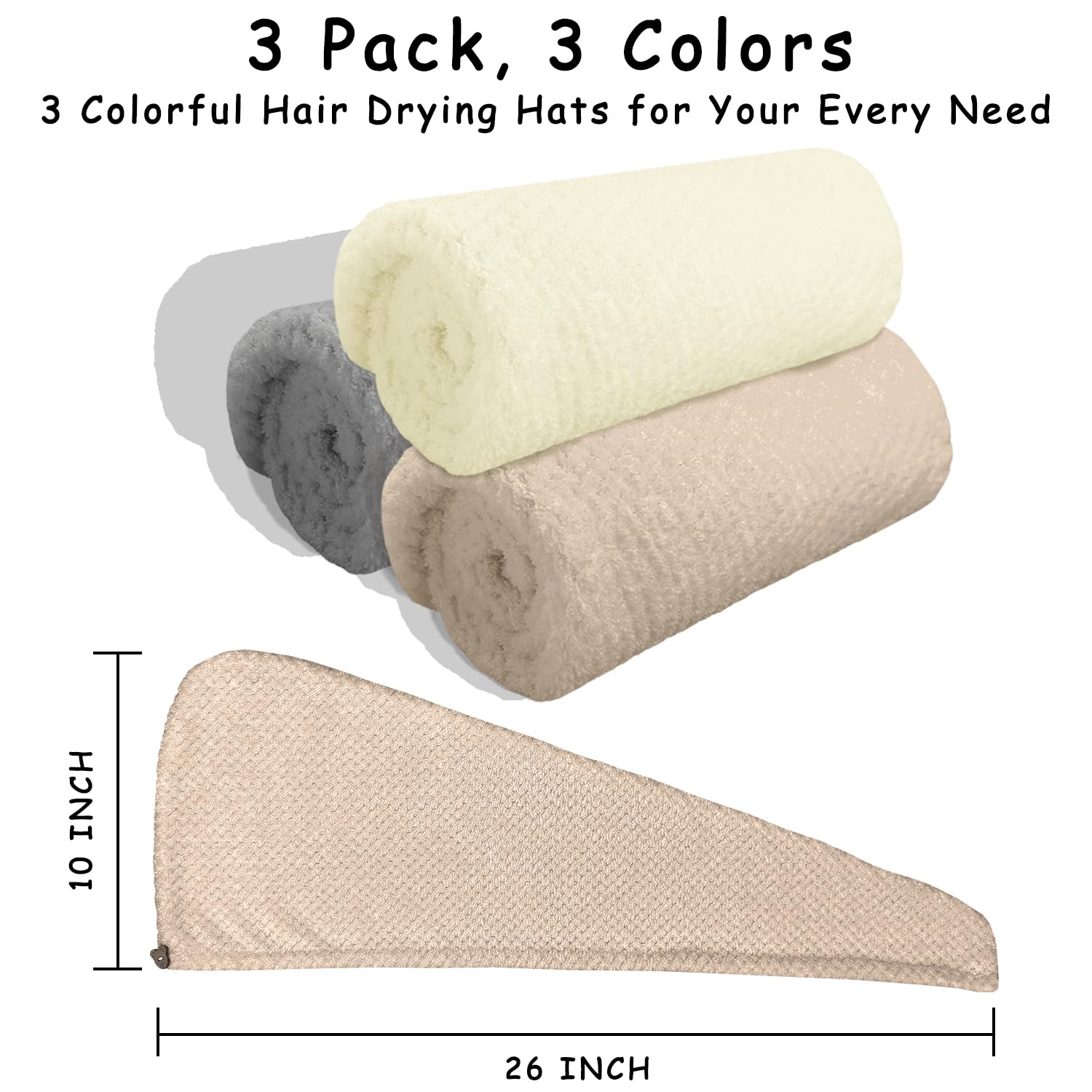 Woman wearing beige microfiber hair turban with button