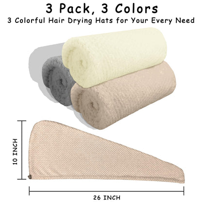 Woman wearing beige microfiber hair turban with button