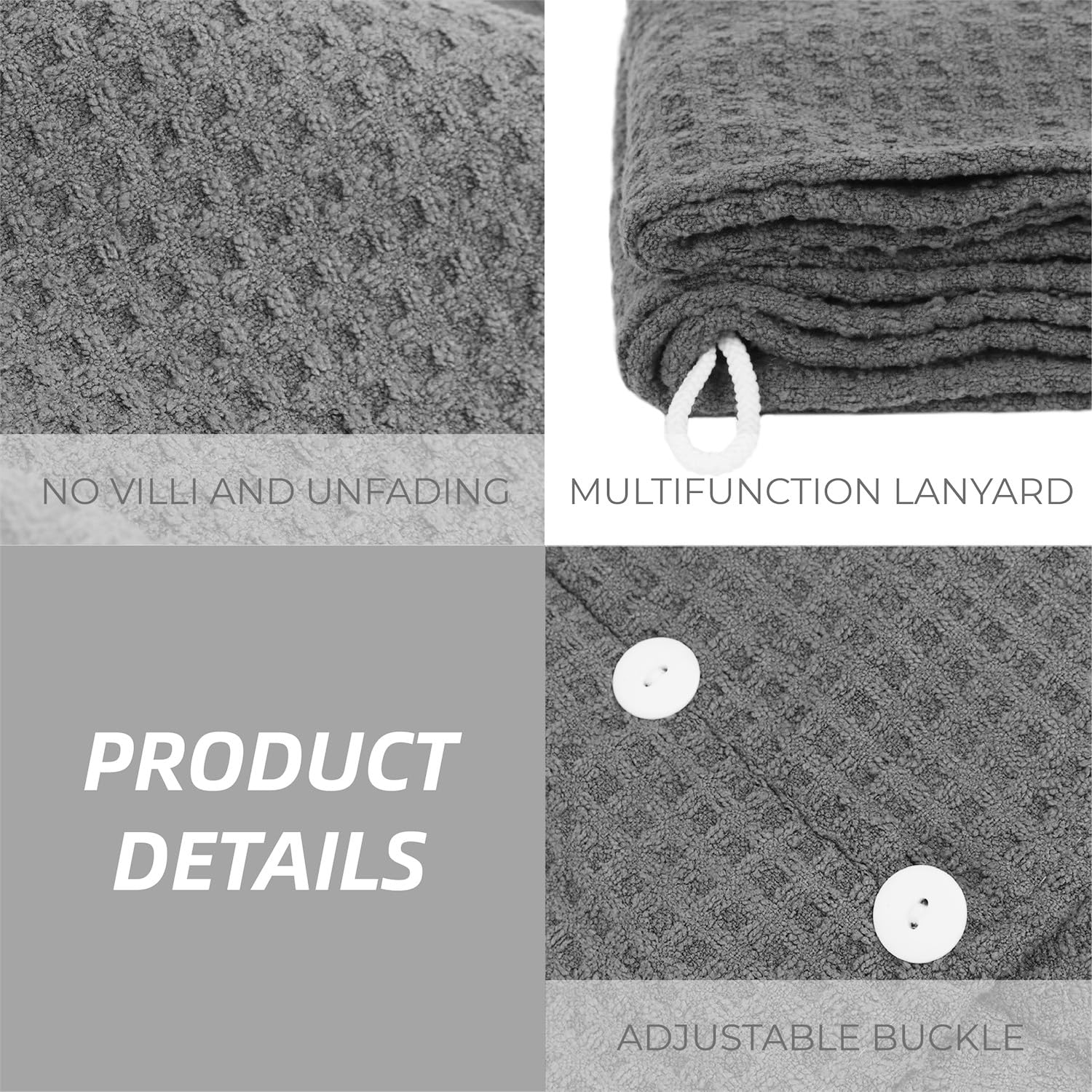 Grey waffle weave hair wrap with button closure