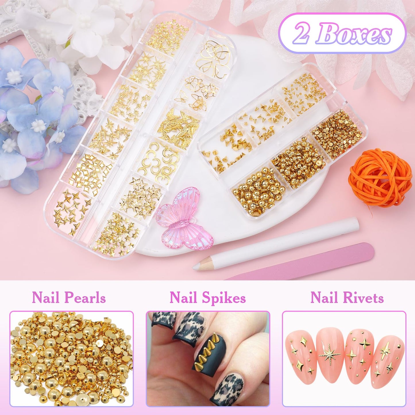Variety pack of gold metal nail art decorations