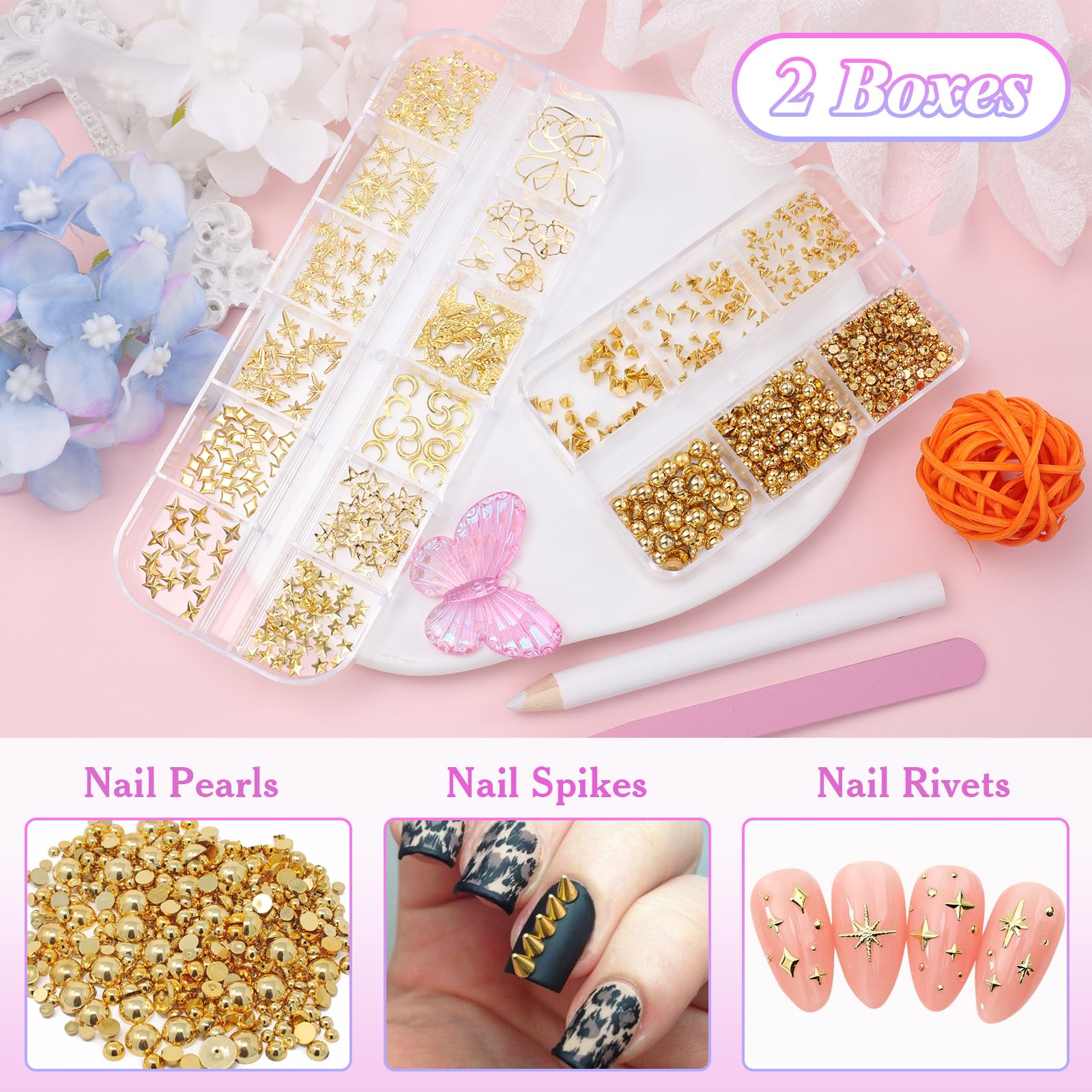 Variety pack of gold metal nail art decorations