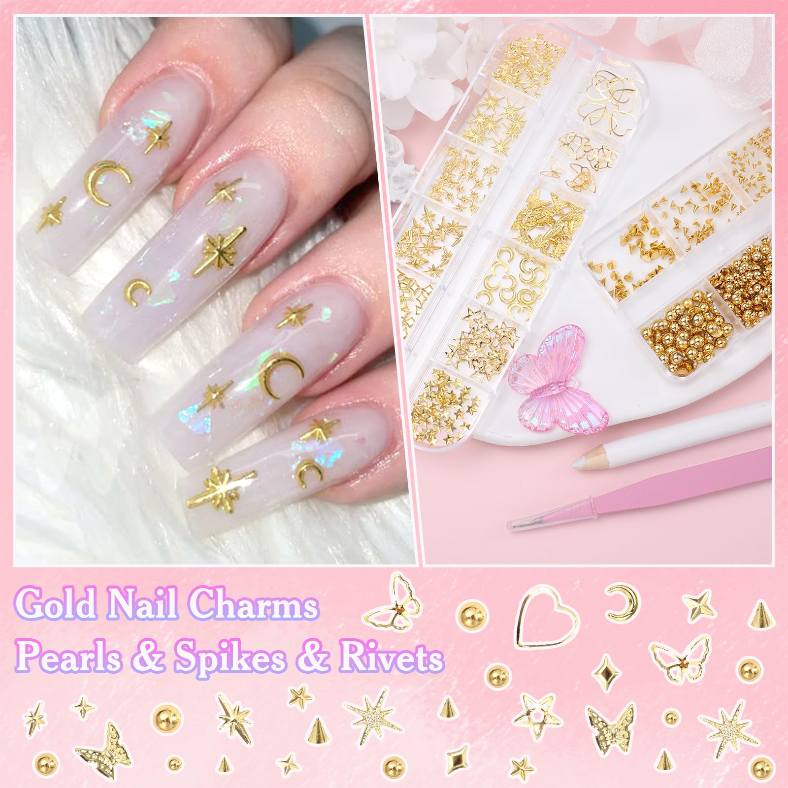 Professional nail art design using gold spikes