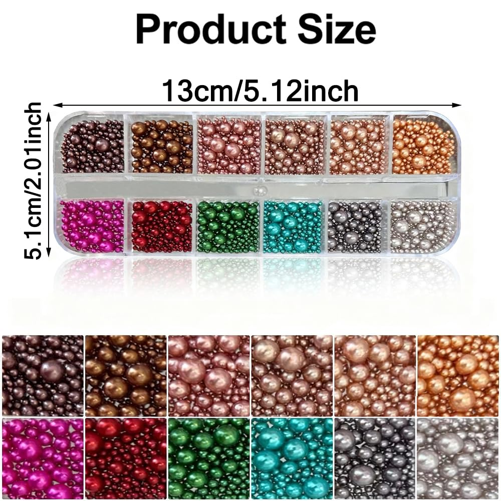 Close up of 12-grid box containing colorful nail pearls and festive charms