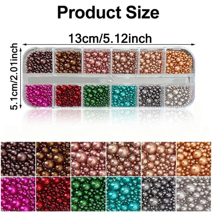 Close up of 12-grid box containing colorful nail pearls and festive charms