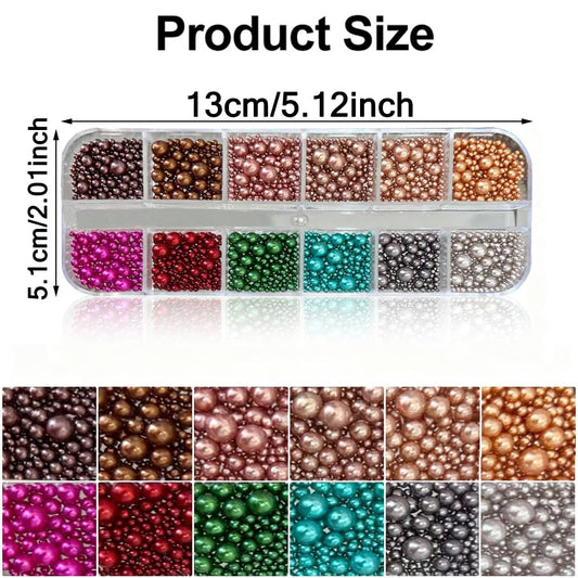 Close up of 12-grid box containing colorful nail pearls and festive charms