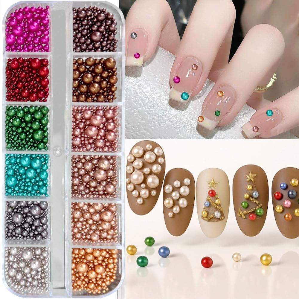Variety of red green and gold nail pearls for Christmas theme nails