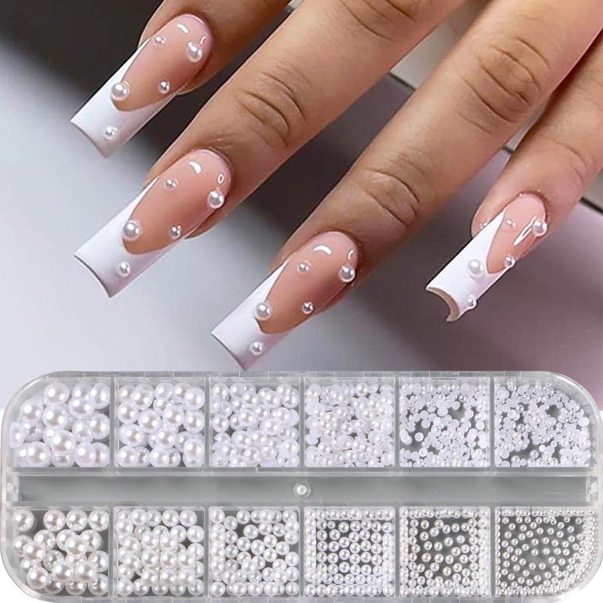 Close up of mixed size round and half round pearl nail art beads