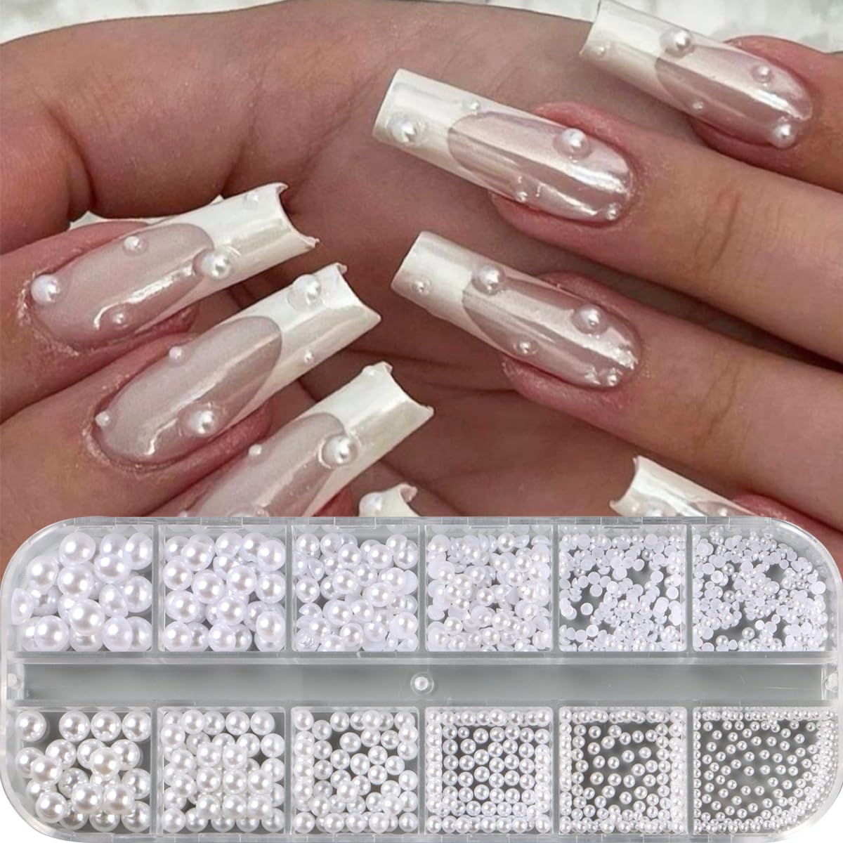 White 3D flatback pearls organized in 12 grid storage box