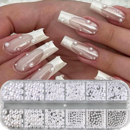 White 3D flatback pearls organized in 12 grid storage box