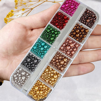 Detailed view of assorted pearl sizes and charms for creative nail art