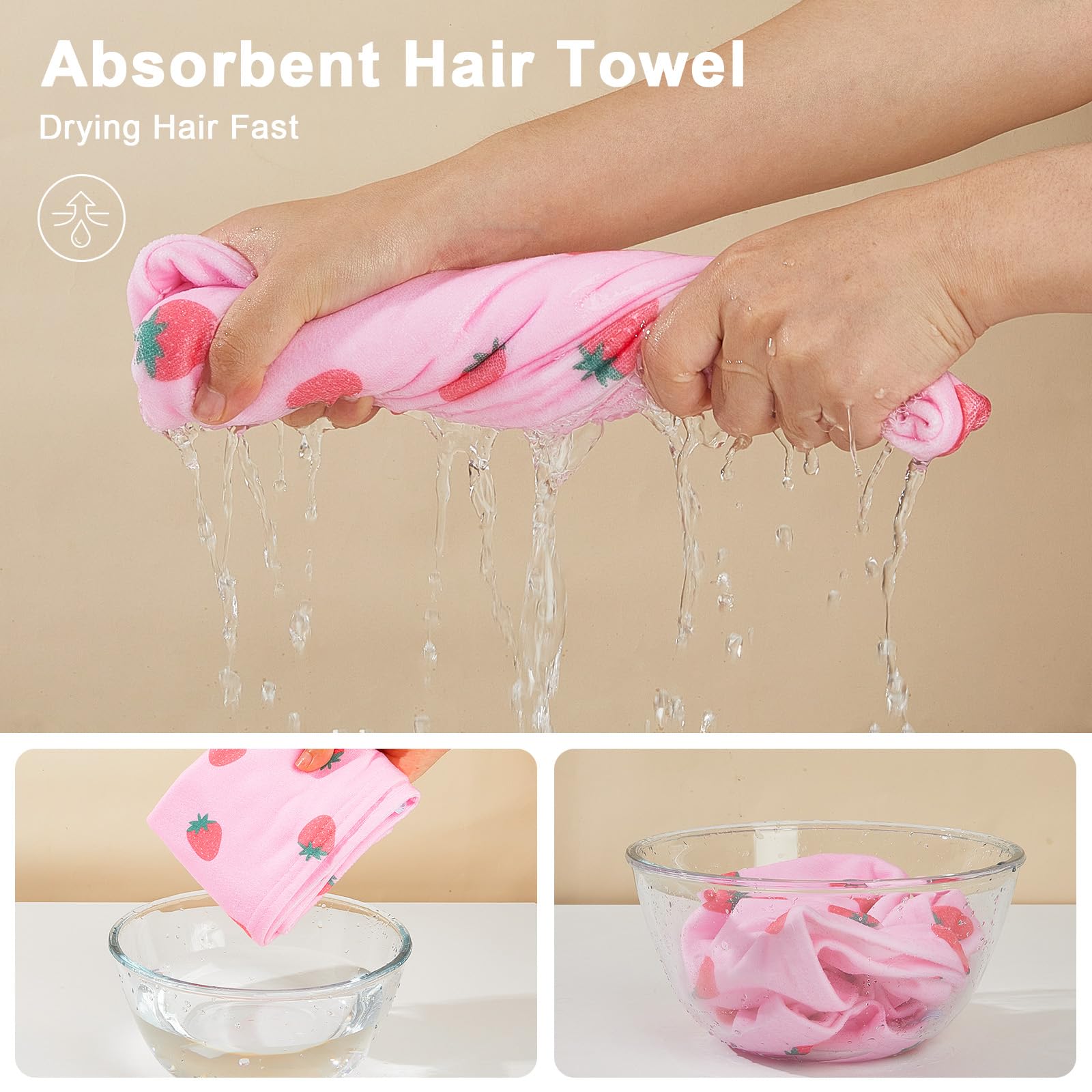 Two pack unicorn hair wrap towels in pink strawberry print