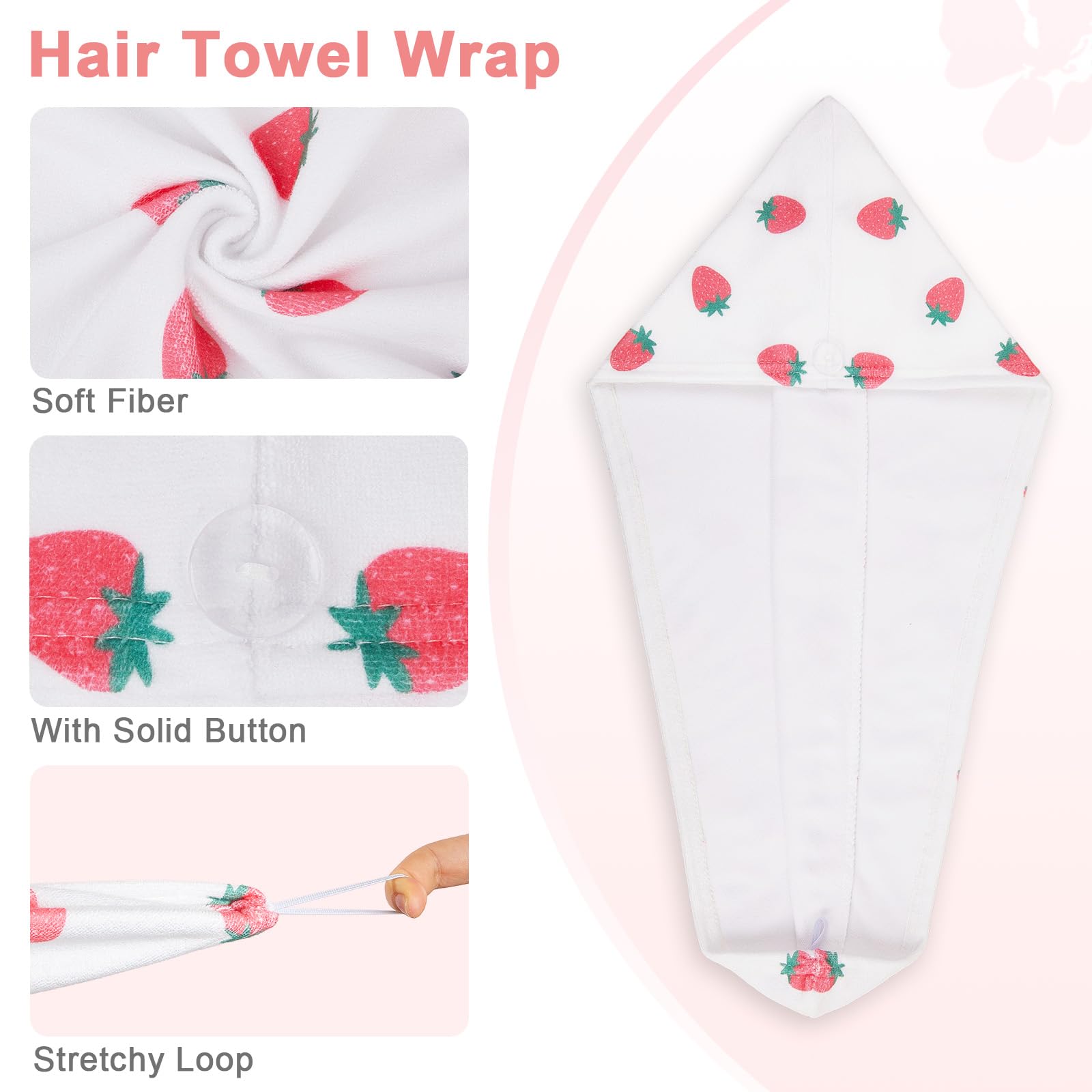 Child wearing pink and white strawberry hair drying towel