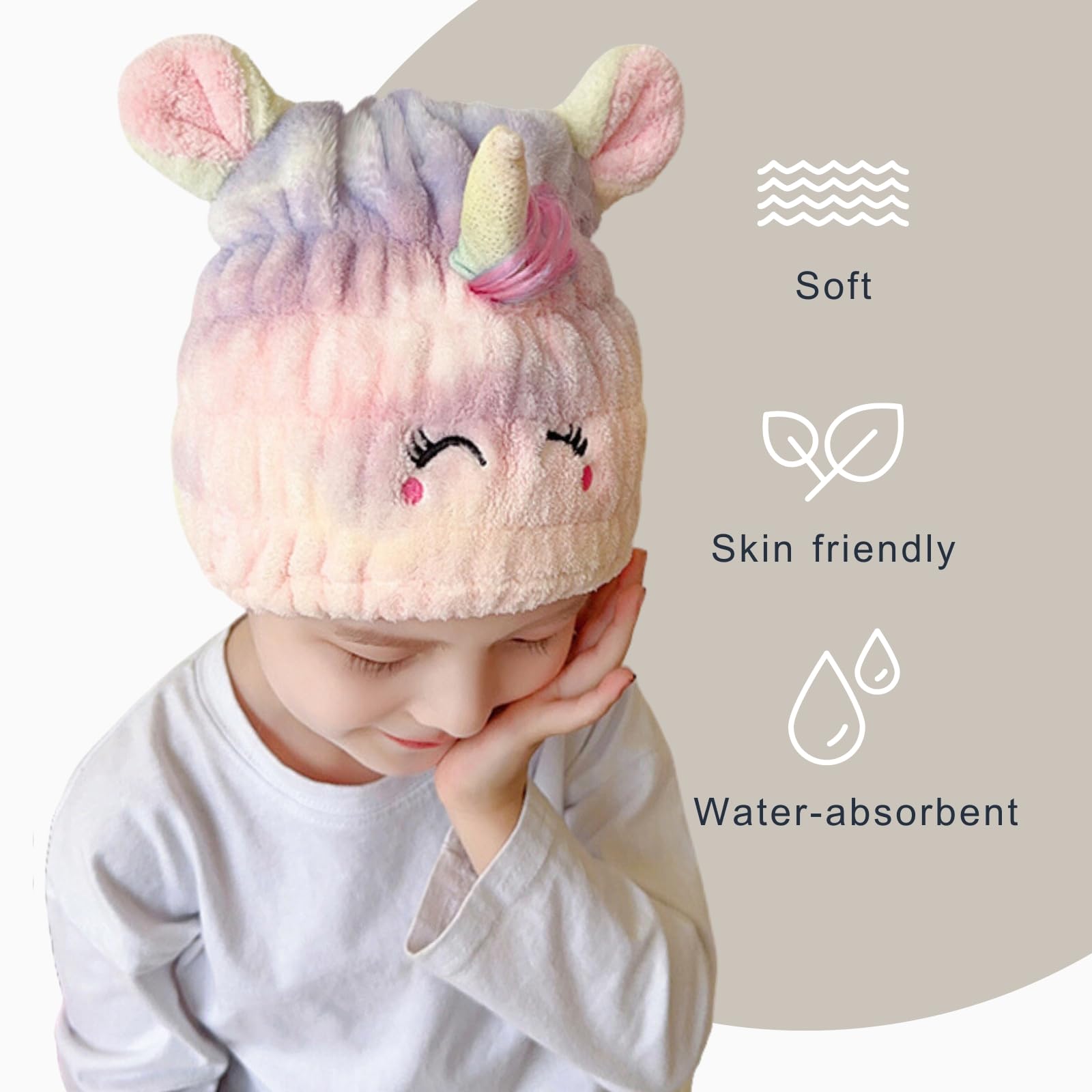 Child wearing comfortable unicorn hair towel for wet hair