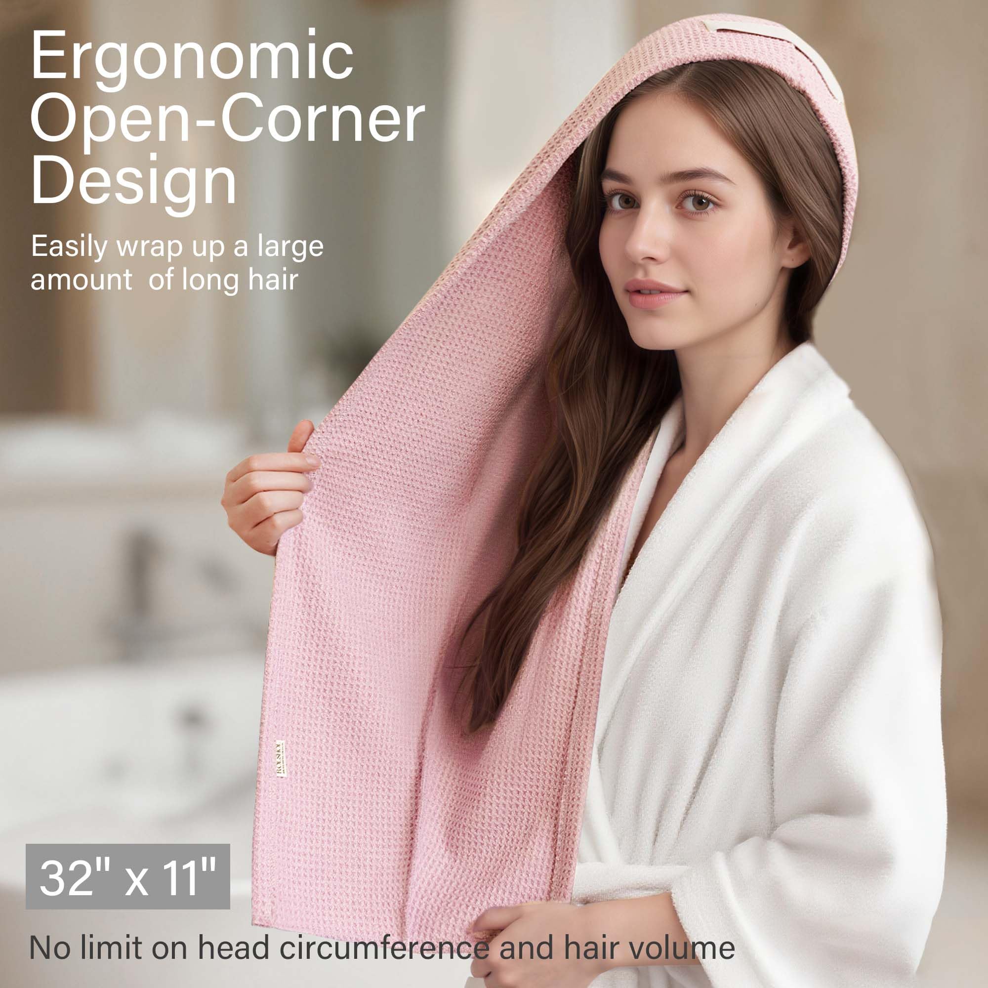 Side view of woman wearing Rolshol waffle weave hair towel