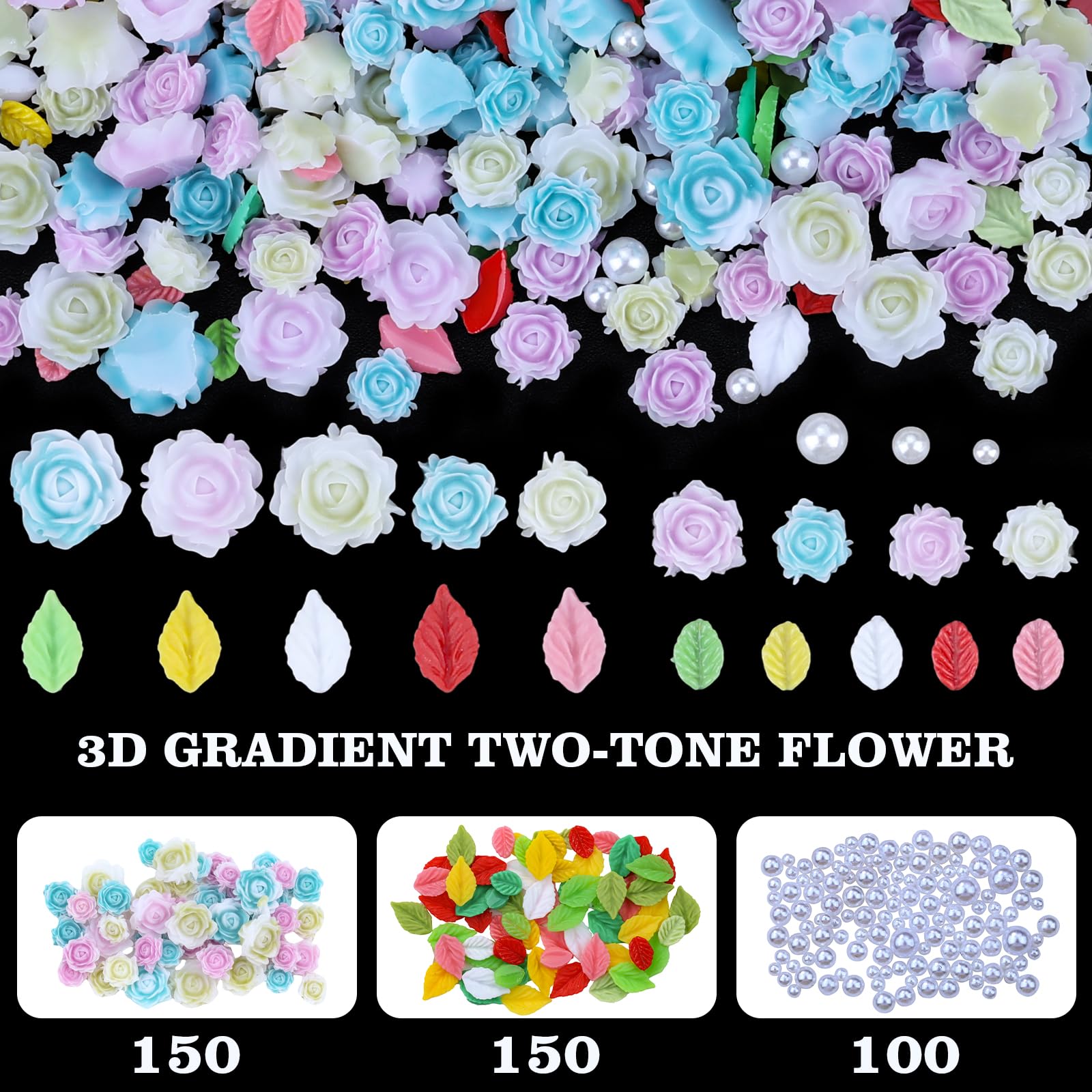 Assorted 3D rose floral gems and white pearls for nail art