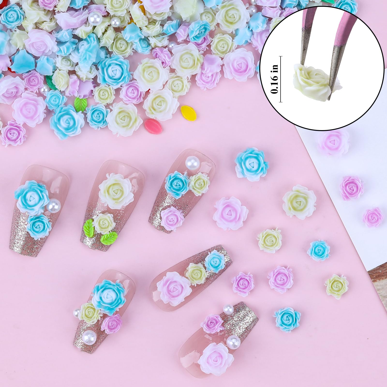 Close up of 3D acrylic floral nail charms and leaves