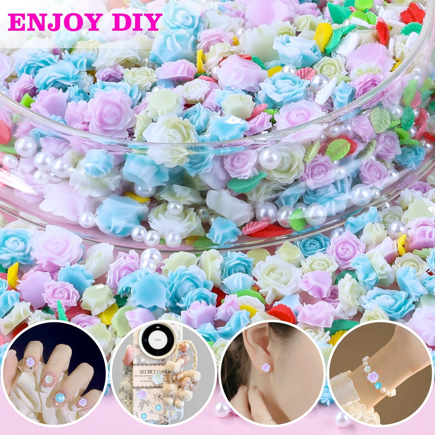 Professional nail decoration kit with floral gems and pearls
