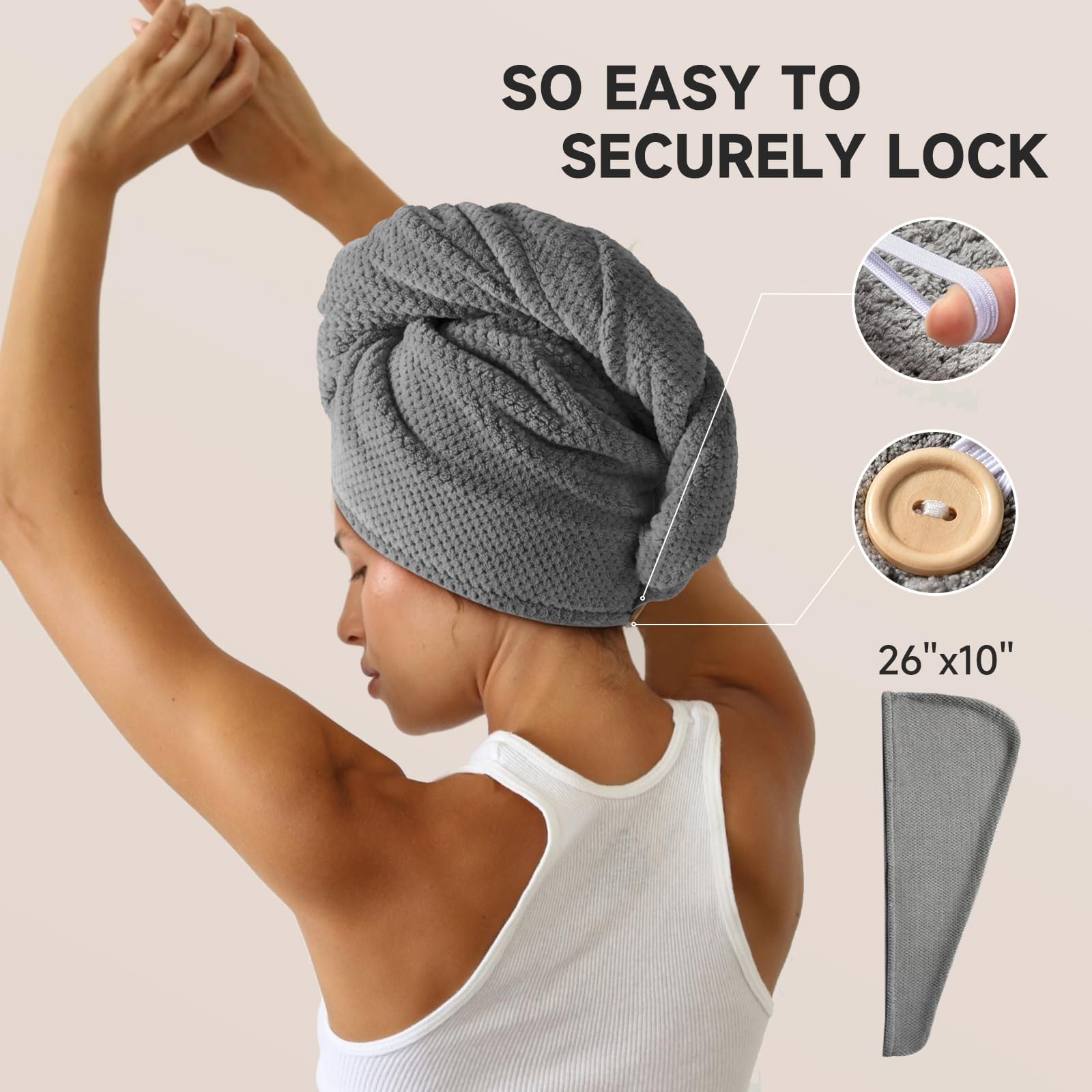 Brown hair towel wrap showing button fastening