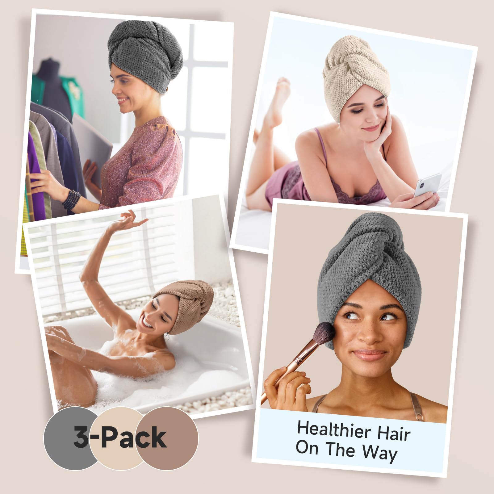 Three pack microfiber hair towels in various colors