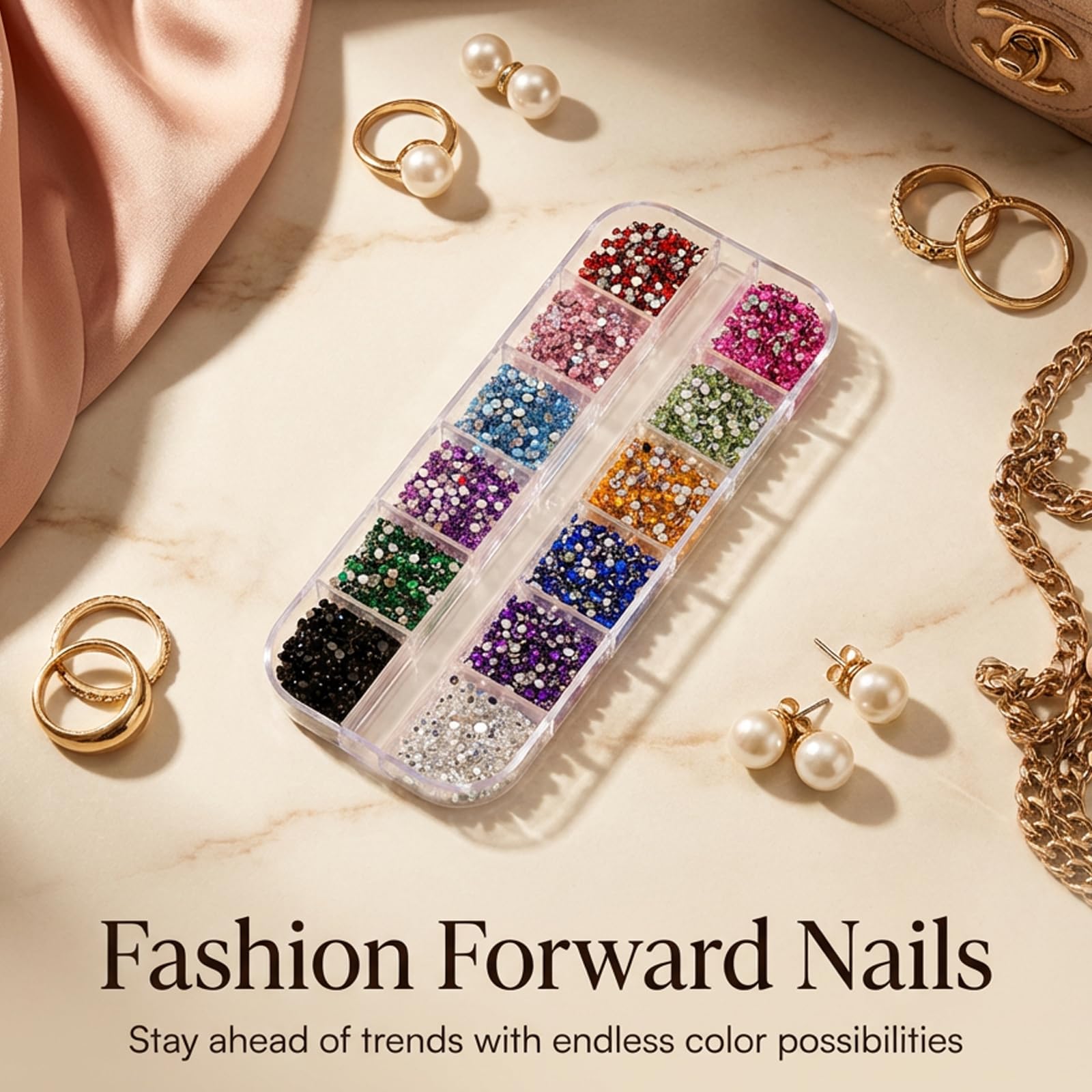 Assorted pearls and colored gems for professional DIY nail art design