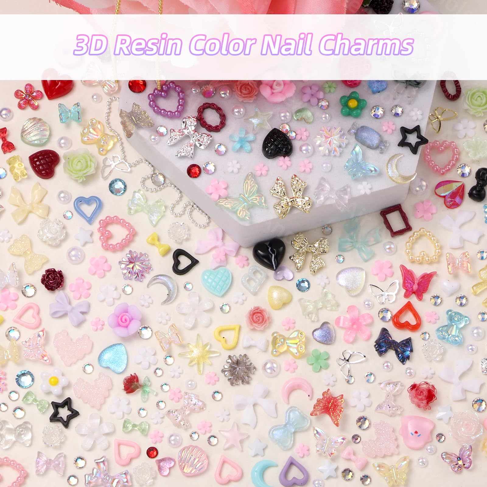Detailed view of mixed resin nail art embellishments