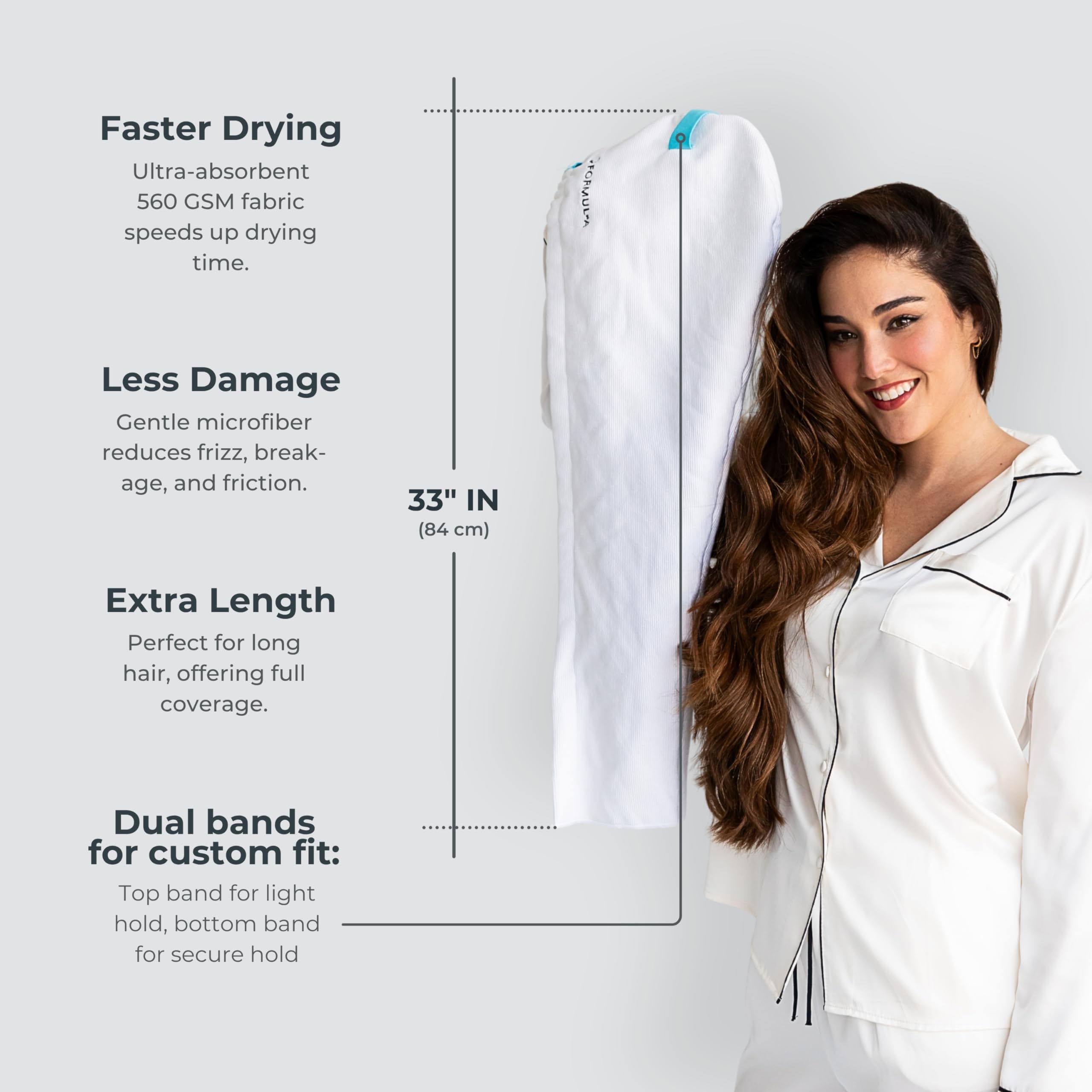 Formul-A anti-frizz hair turban showing elastic secure fit