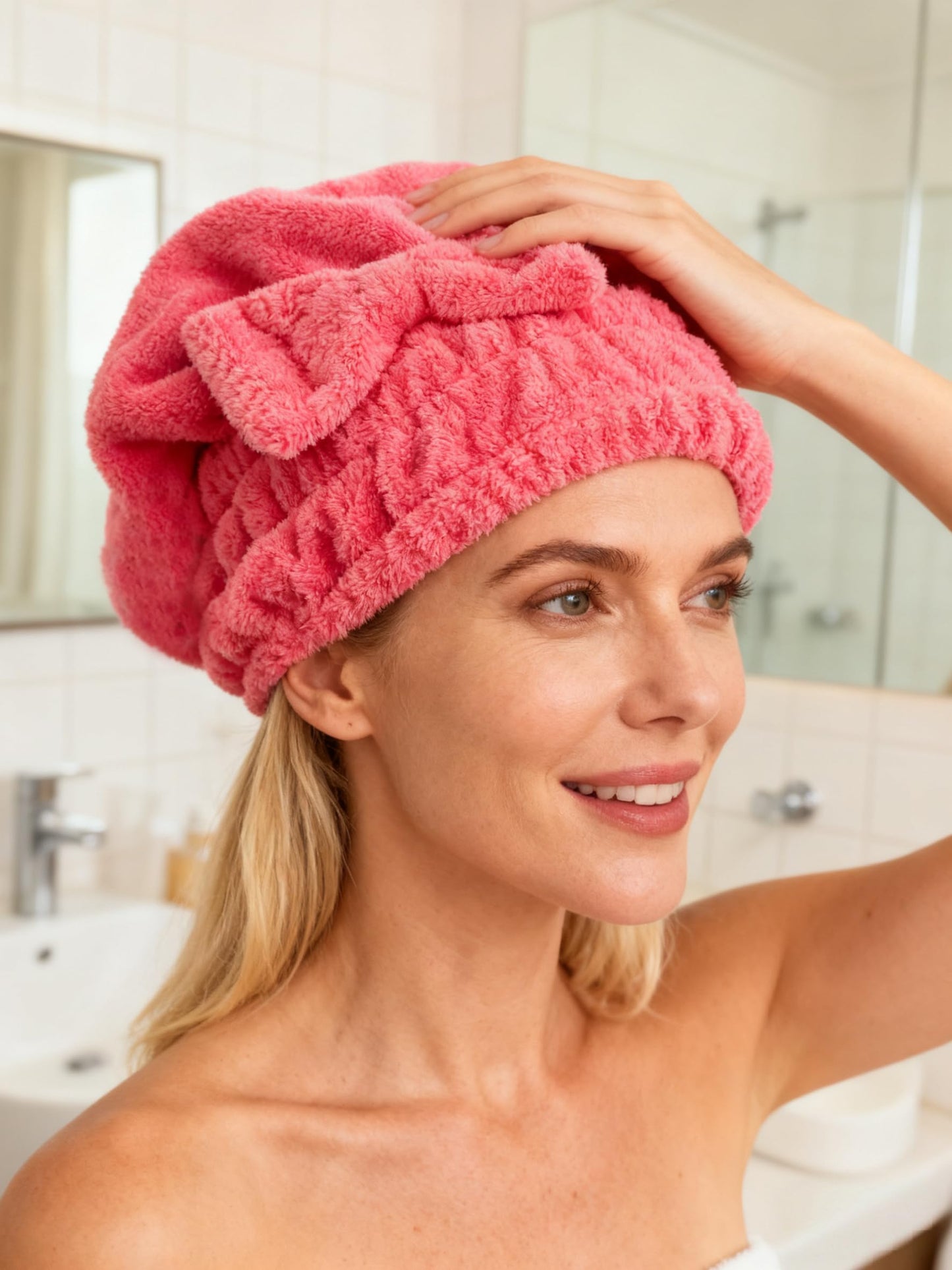 Model wearing Mayouth microfiber hair drying towel turban