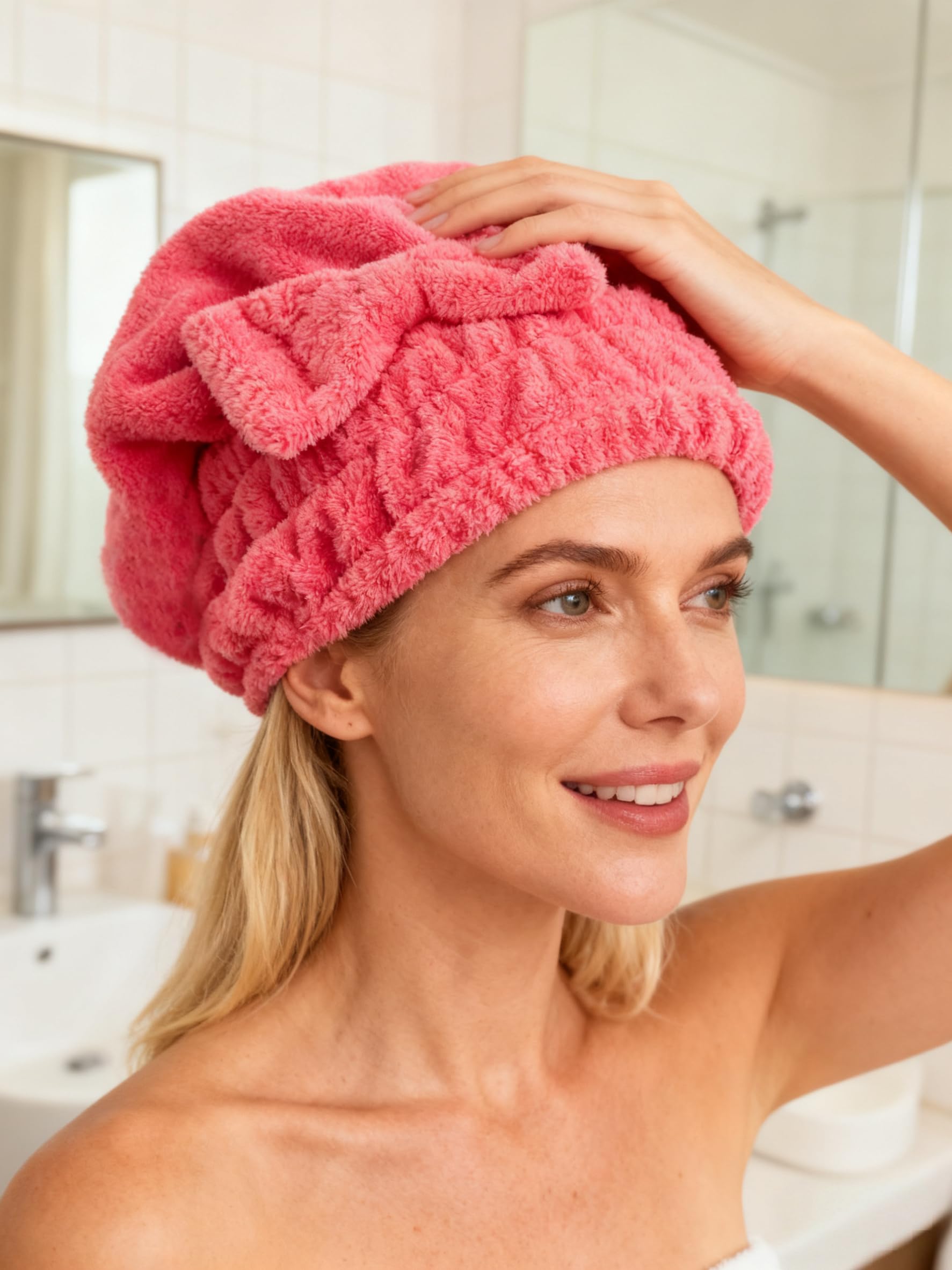 Model wearing Mayouth microfiber hair drying towel turban