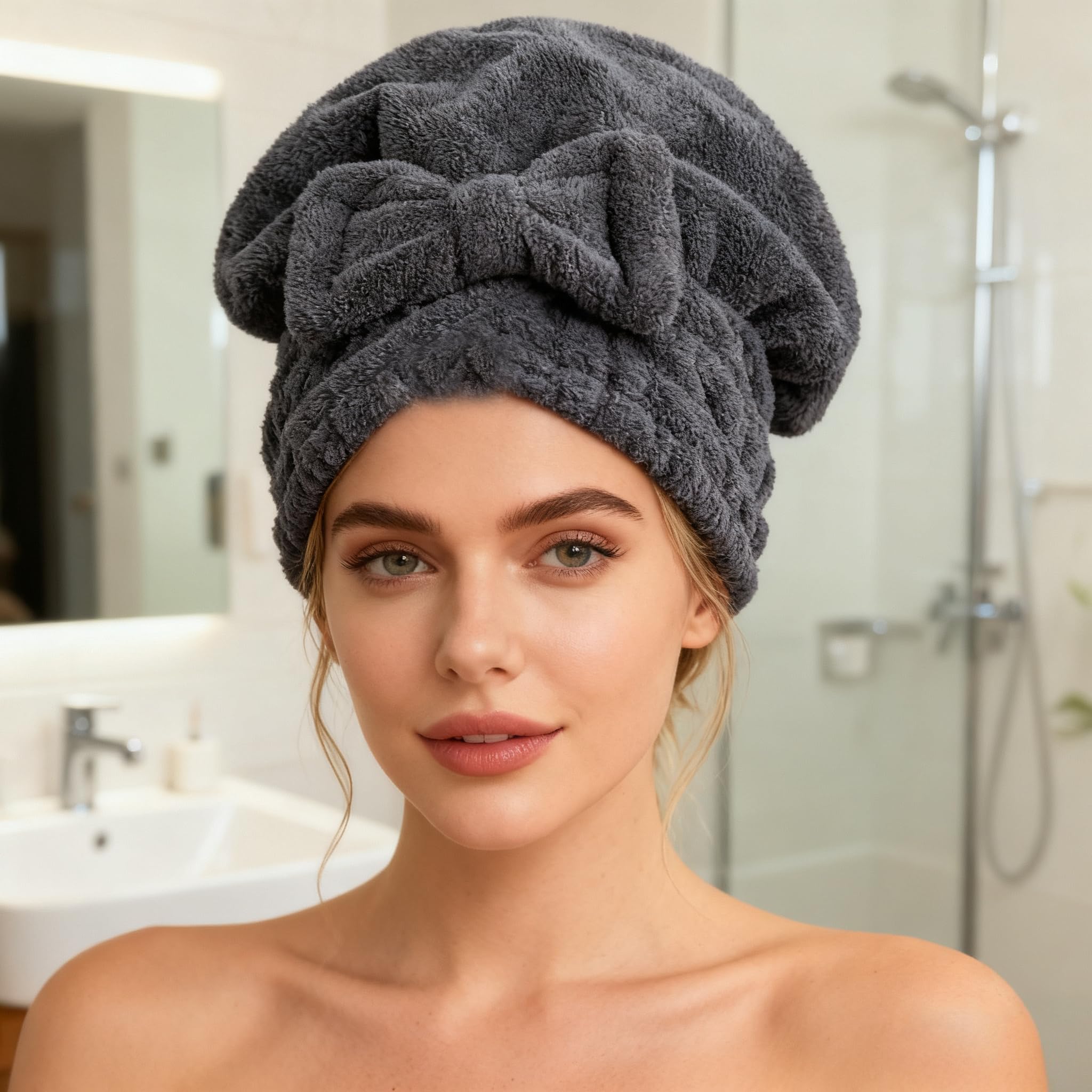 Mayouth hair towel showing bow-knot detail and secure fit