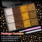 Open 12-compartment storage grid showing gold and white nail pearls