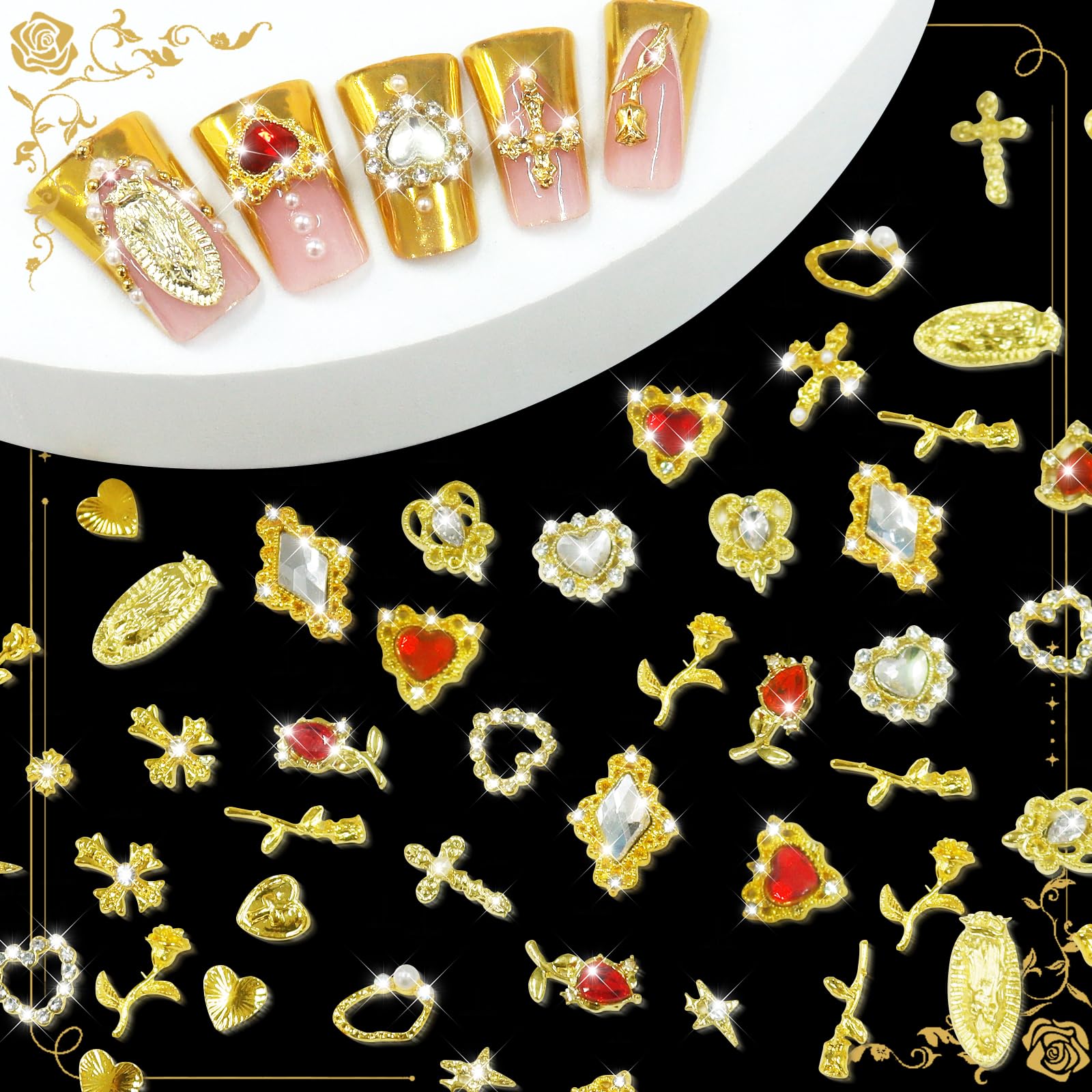 Assorted gold 3D nail charms with pearls and rhinestones