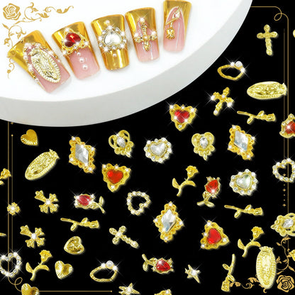 Assorted gold 3D nail charms with pearls and rhinestones