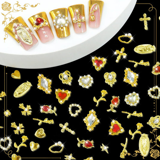 Assorted gold 3D nail charms with pearls and rhinestones