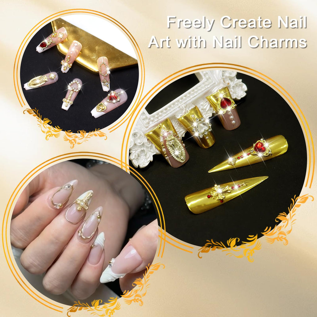 Y2K inspired star and cross gold nail charms on display
