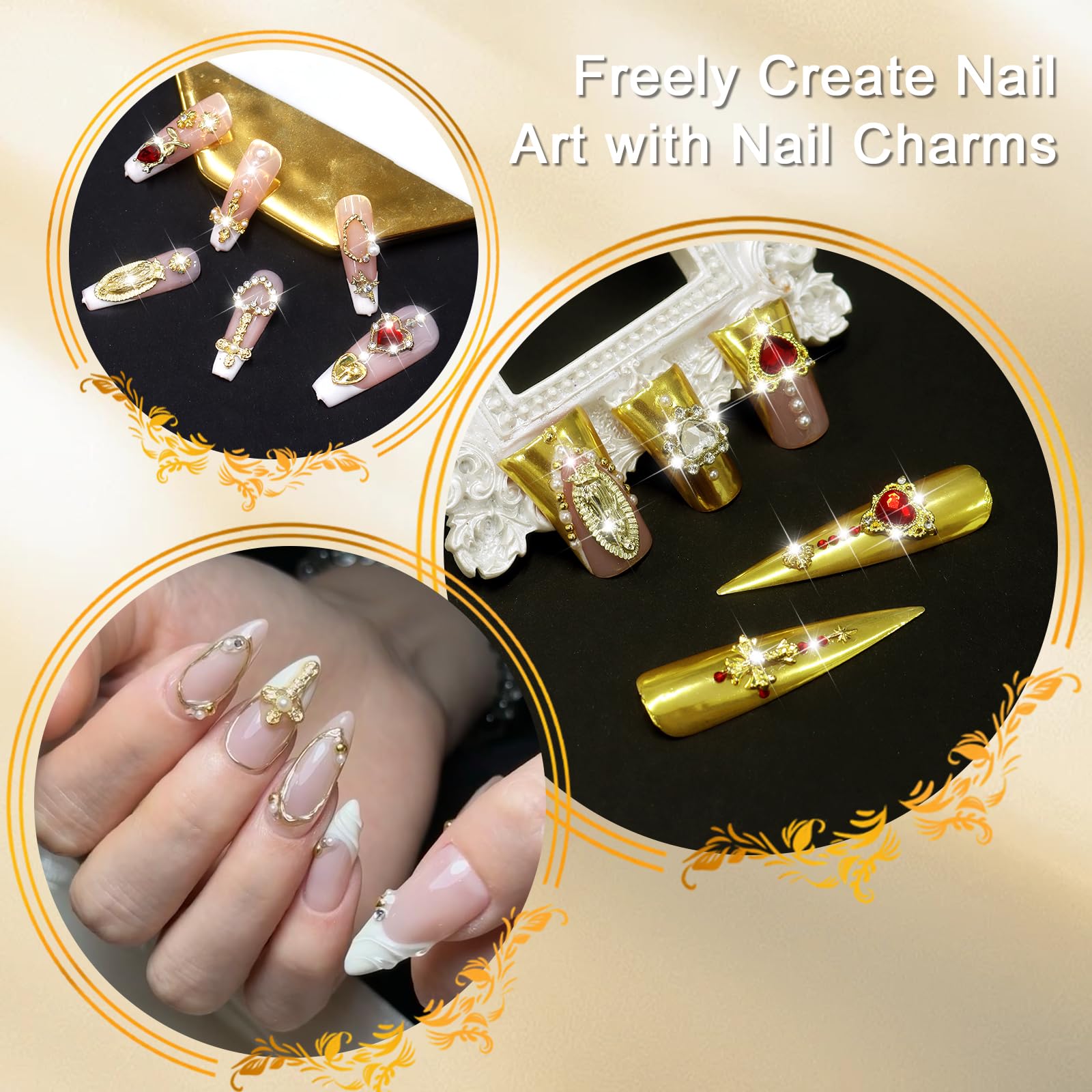 Hand wearing manicure with 3D gold cross nail charms